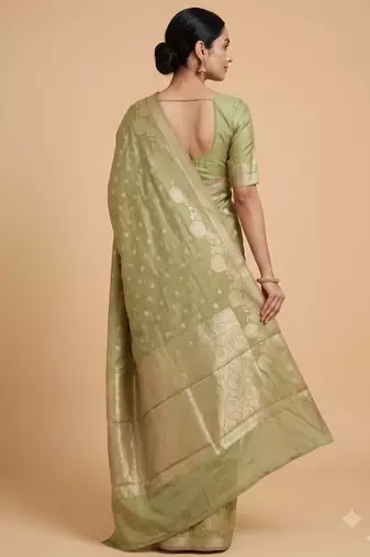 pista green floral zari booti semi silk blend banarasi saree