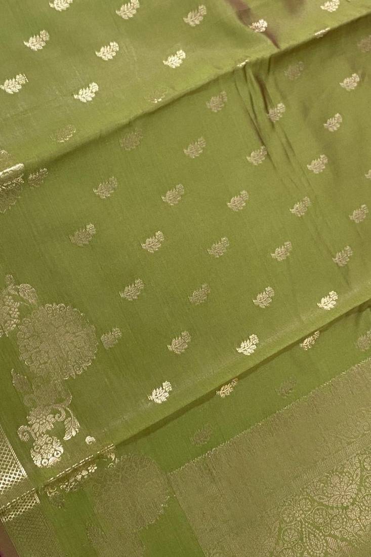 pista green floral zari booti semi silk blend banarasi saree