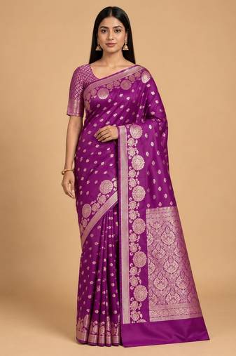 purple floral zari booti semi silk blend banarasi saree