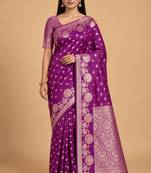 purple floral zari booti semi silk blend banarasi saree