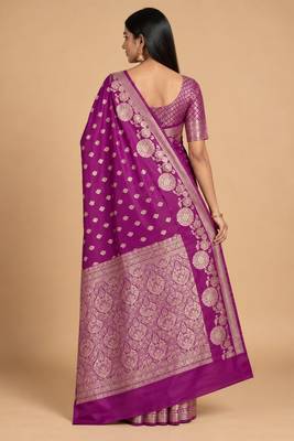 purple floral zari booti semi silk blend banarasi saree 2