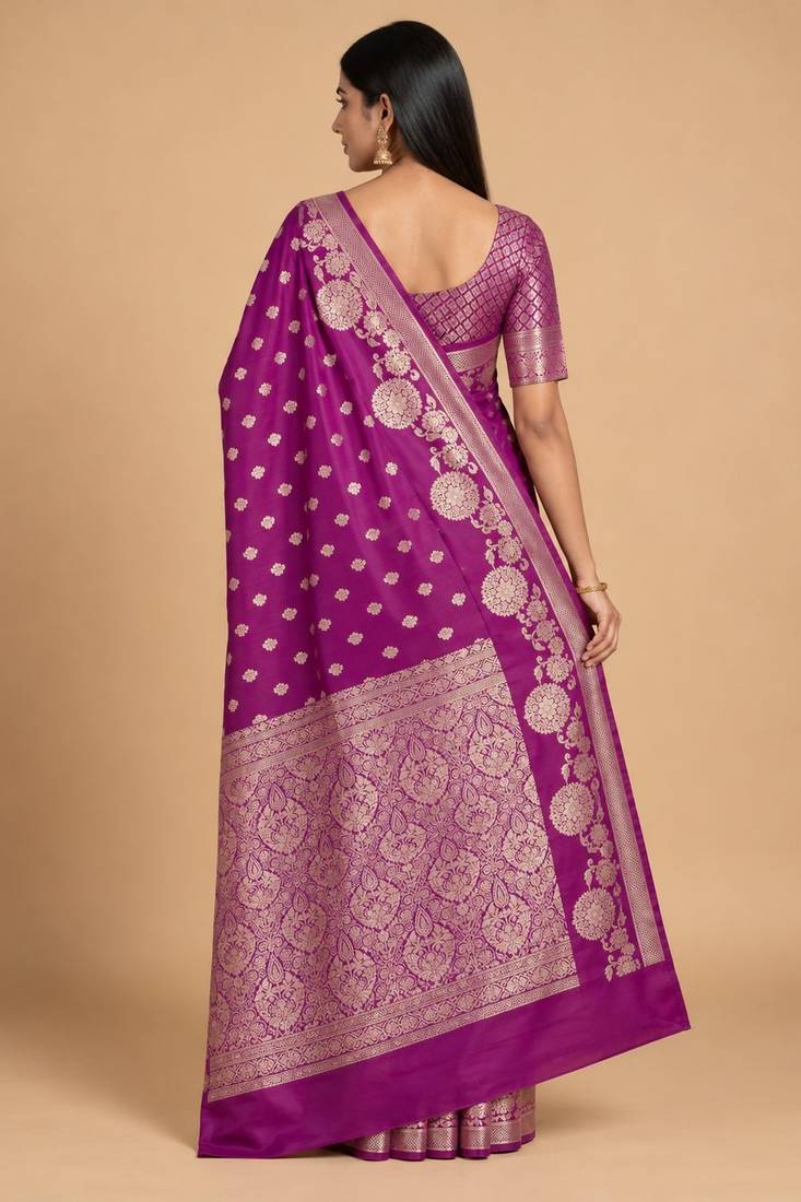 purple floral zari booti semi silk blend banarasi saree