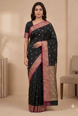 black floral zari booti semi kataan silk blend banarasi saree 1