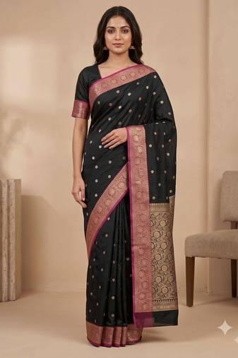 black floral zari booti semi kataan silk blend banarasi saree