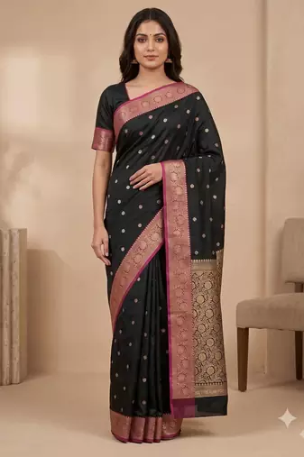black floral zari booti semi kataan silk blend banarasi saree