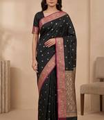 black floral zari booti semi kataan silk blend banarasi saree