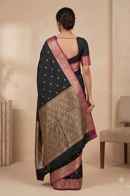 black floral zari booti semi kataan silk blend banarasi saree 2
