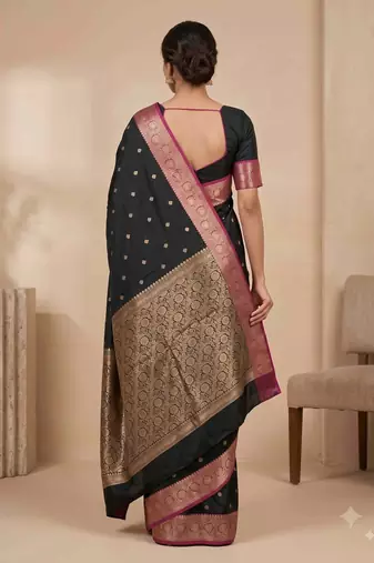 black floral zari booti semi kataan silk blend banarasi saree