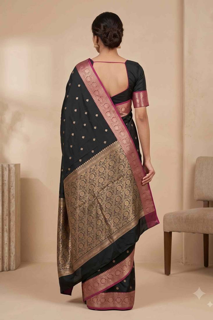 black floral zari booti semi kataan silk blend banarasi saree
