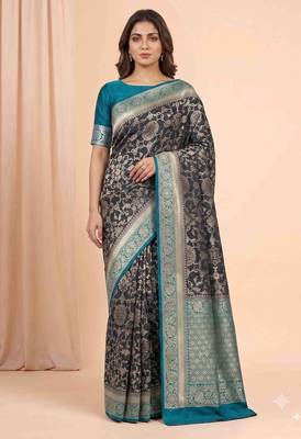 black & turquoise contrast colour floral zari jaal chiniya silk blend banarasi saree 1