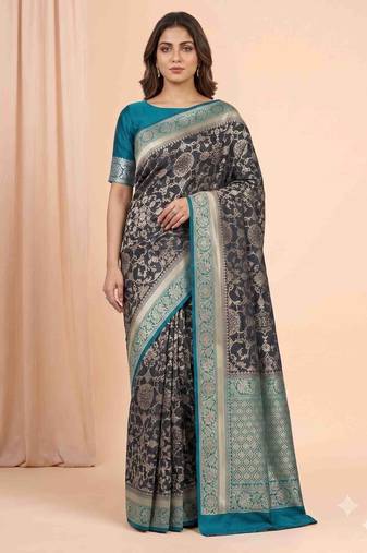black & turquoise contrast colour floral zari jaal chiniya silk blend banarasi saree