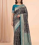 black & turquoise contrast colour floral zari jaal chiniya silk blend banarasi saree