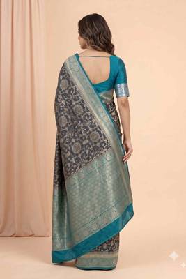 black & turquoise contrast colour floral zari jaal chiniya silk blend banarasi saree 2