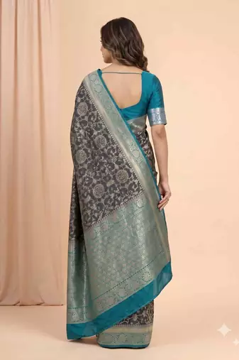 black & turquoise contrast colour floral zari jaal chiniya silk blend banarasi saree