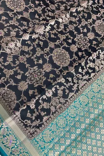 black & turquoise contrast colour floral zari jaal chiniya silk blend banarasi saree