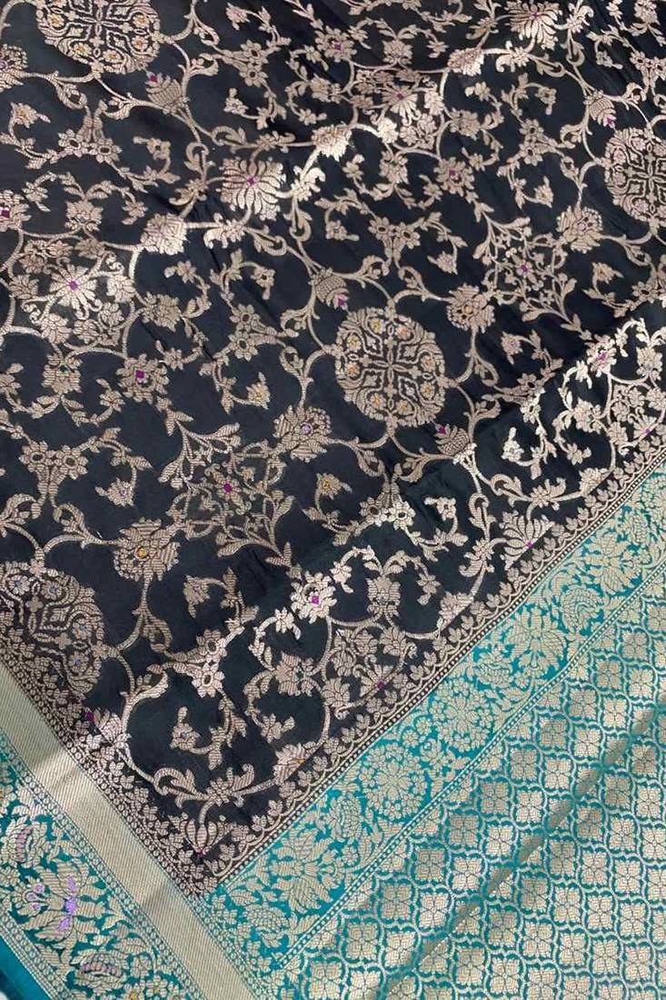 black & turquoise contrast colour floral zari jaal chiniya silk blend banarasi saree