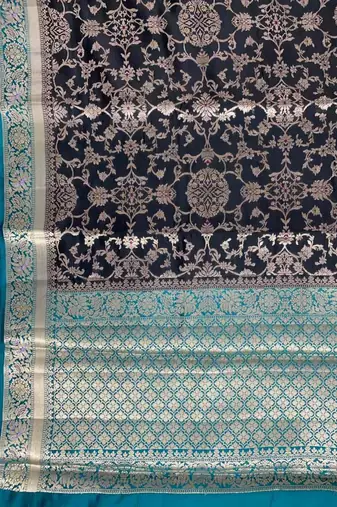 black & turquoise contrast colour floral zari jaal chiniya silk blend banarasi saree