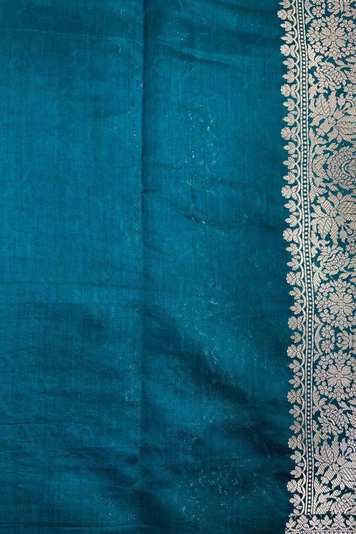 black & turquoise contrast colour floral zari jaal chiniya silk blend banarasi saree