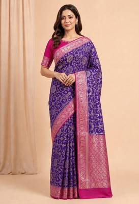 purple & ranipink contrast colour floral zari jaal chiniya silk blend banarasi saree 1