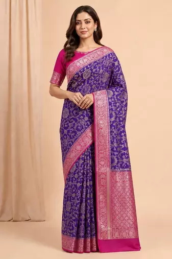 purple & ranipink contrast colour floral zari jaal chiniya silk blend banarasi saree
