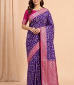 purple & ranipink contrast colour floral zari jaal chiniya silk blend banarasi saree
