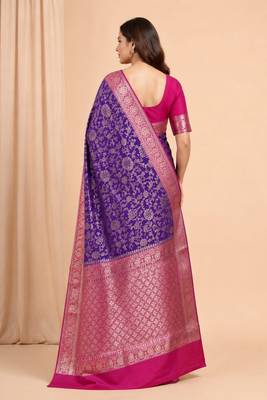 purple & ranipink contrast colour floral zari jaal chiniya silk blend banarasi saree 2