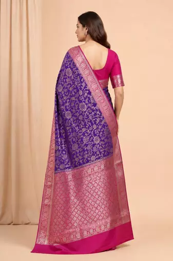purple & ranipink contrast colour floral zari jaal chiniya silk blend banarasi saree