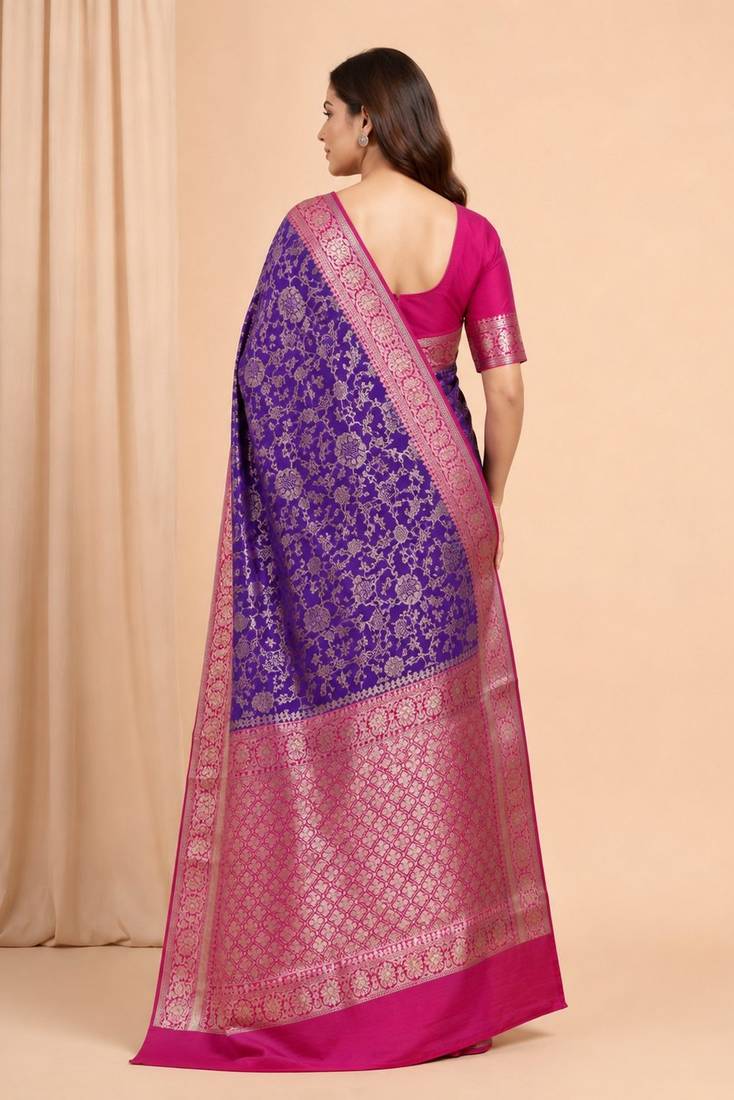 purple & ranipink contrast colour floral zari jaal chiniya silk blend banarasi saree
