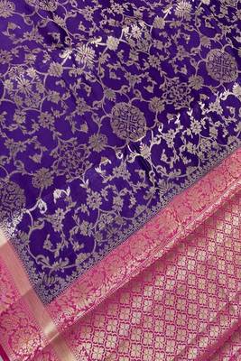 purple & ranipink contrast colour floral zari jaal chiniya silk blend banarasi saree 3