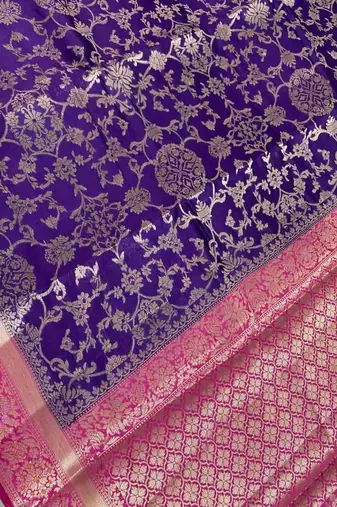 purple & ranipink contrast colour floral zari jaal chiniya silk blend banarasi saree
