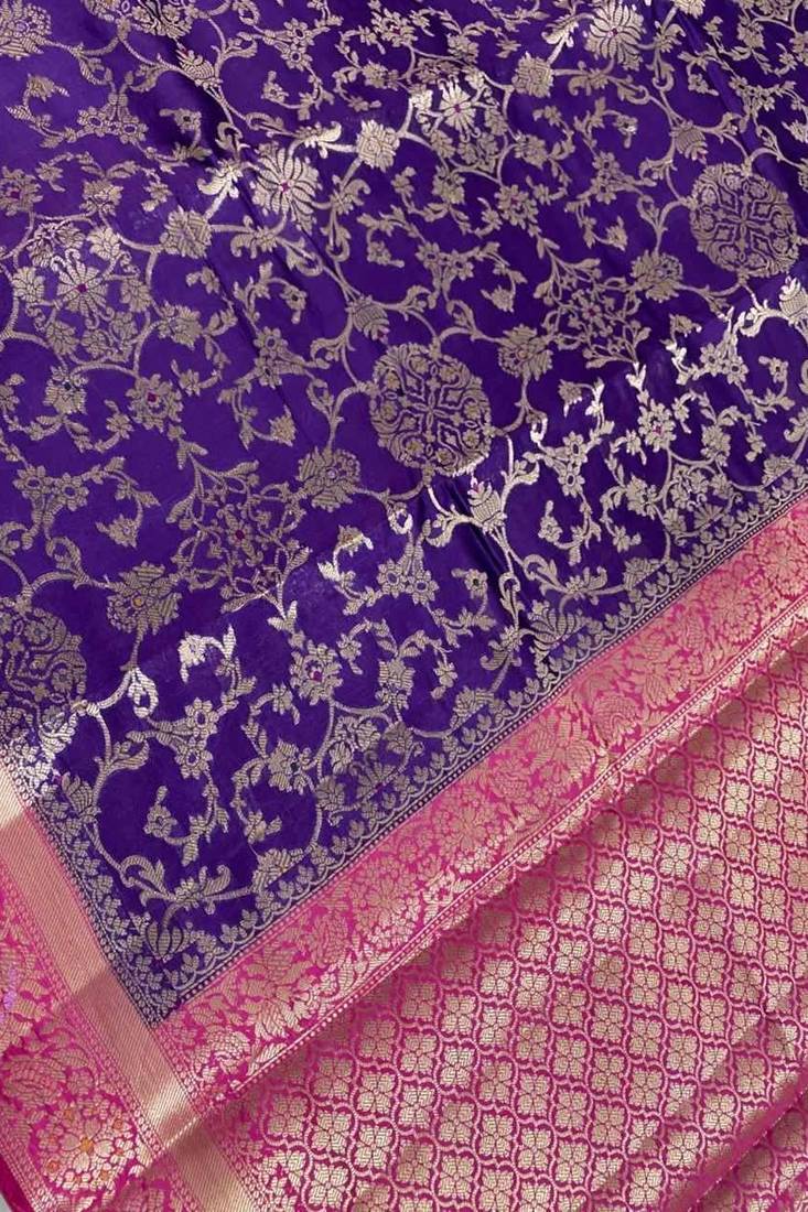 purple & ranipink contrast colour floral zari jaal chiniya silk blend banarasi saree