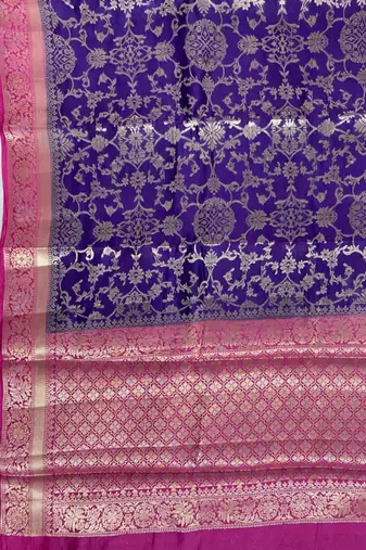 purple & ranipink contrast colour floral zari jaal chiniya silk blend banarasi saree