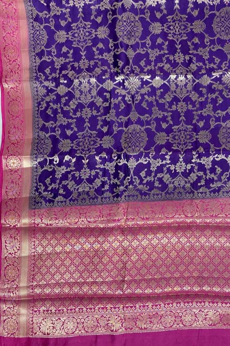 purple & ranipink contrast colour floral zari jaal chiniya silk blend banarasi saree