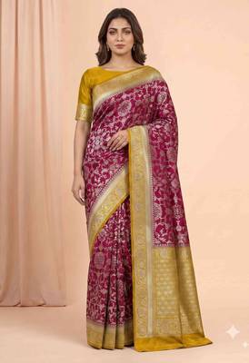 maroon & mustard contrast colour floral zari jaal chiniya silk blend banarasi saree 1