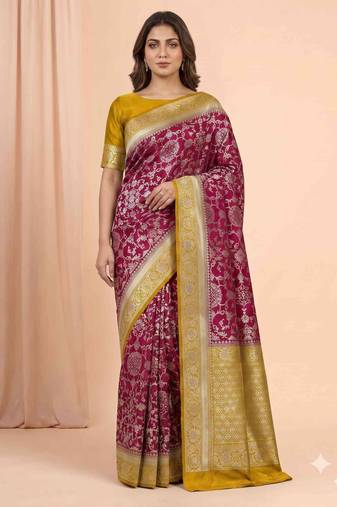 maroon & mustard contrast colour floral zari jaal chiniya silk blend banarasi saree