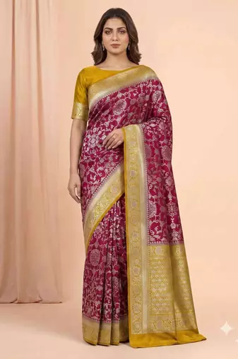 maroon & mustard contrast colour floral zari jaal chiniya silk blend banarasi saree
