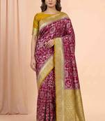 maroon & mustard contrast colour floral zari jaal chiniya silk blend banarasi saree