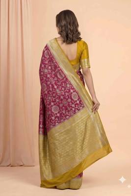 maroon & mustard contrast colour floral zari jaal chiniya silk blend banarasi saree 2