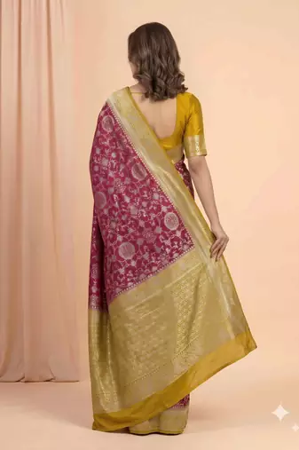 maroon & mustard contrast colour floral zari jaal chiniya silk blend banarasi saree