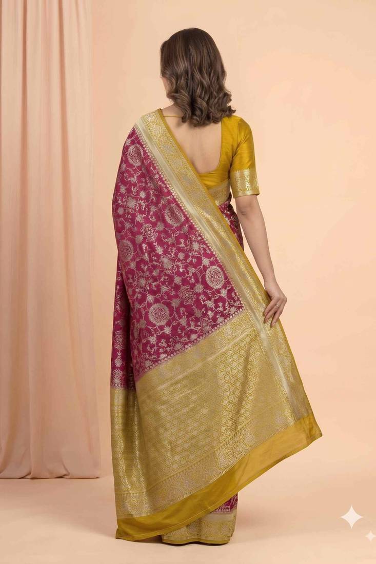 maroon & mustard contrast colour floral zari jaal chiniya silk blend banarasi saree