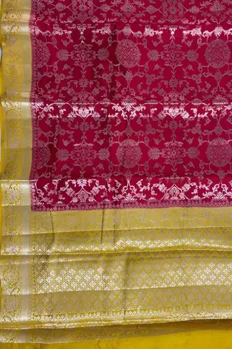 maroon & mustard contrast colour floral zari jaal chiniya silk blend banarasi saree