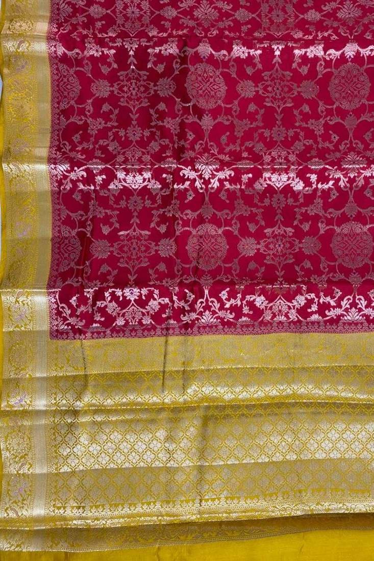 maroon & mustard contrast colour floral zari jaal chiniya silk blend banarasi saree