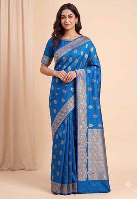 teal blue floral booti zari chiniya silk blend banarasi saree 1