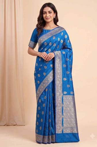 teal blue floral booti zari chiniya silk blend banarasi saree