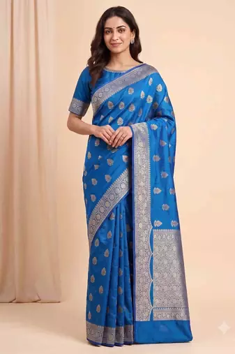 teal blue floral booti zari chiniya silk blend banarasi saree