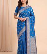 teal blue floral booti zari chiniya silk blend banarasi saree