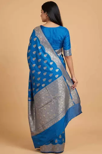teal blue floral booti zari chiniya silk blend banarasi saree
