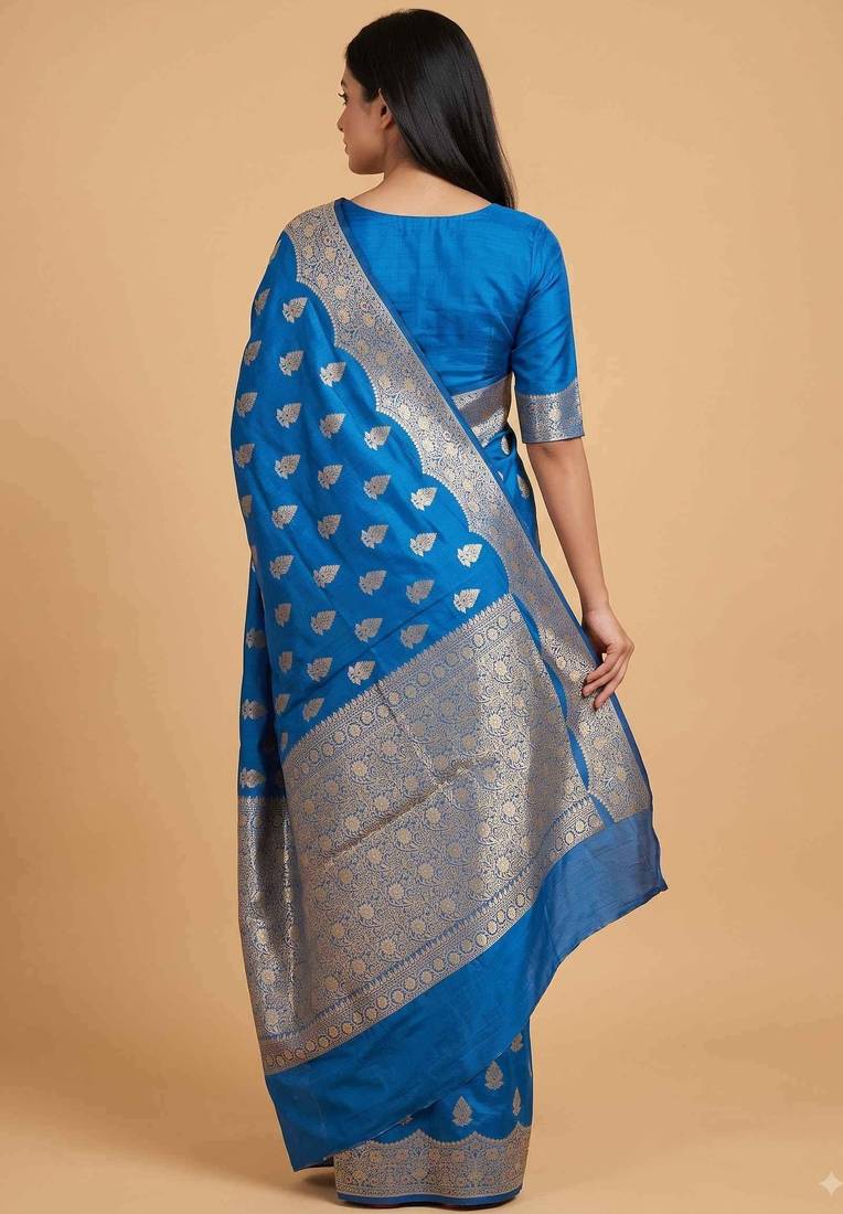 teal blue floral booti zari chiniya silk blend banarasi saree