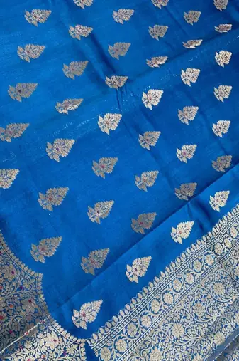 teal blue floral booti zari chiniya silk blend banarasi saree