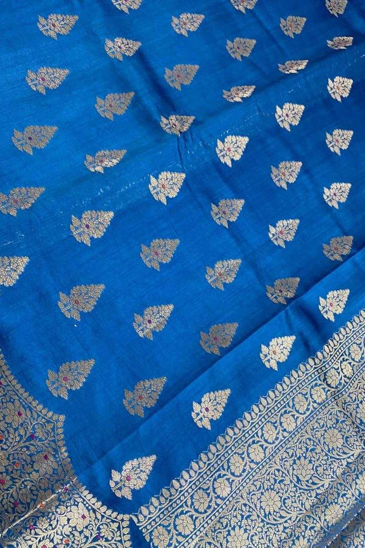 teal blue floral booti zari chiniya silk blend banarasi saree